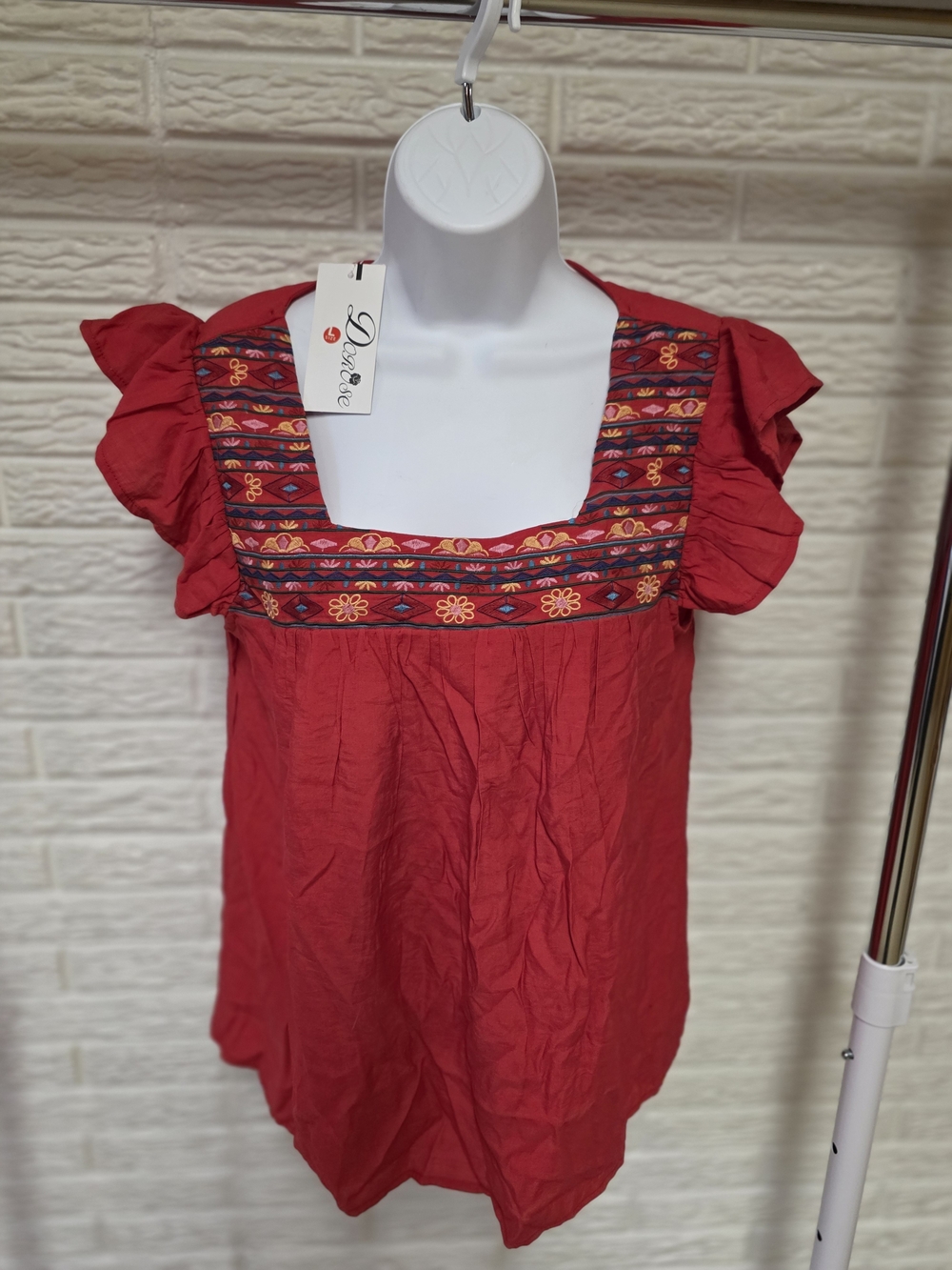 Boho Embroidered Red Square-Neck Tunic